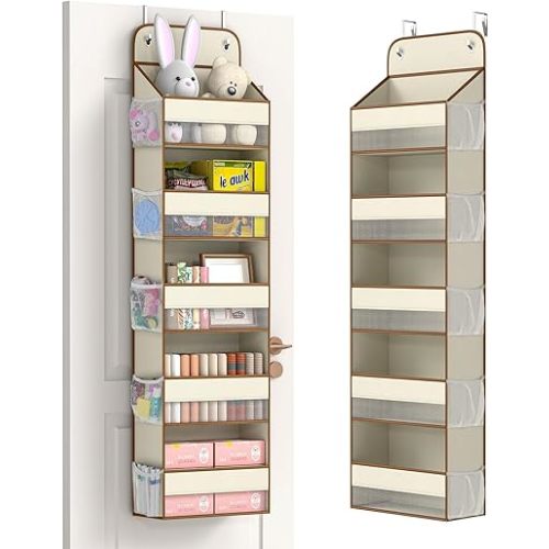 LAMU 5 Tier Over the Door Organizer Hanging, 5 Large Pockets and 10 Side Pockets Behind Door Storage for Baby Toys, 44lbs Back of Door Organizers Shelf for Closet, Nursery and Bathroom, 1 Pack (Beige)