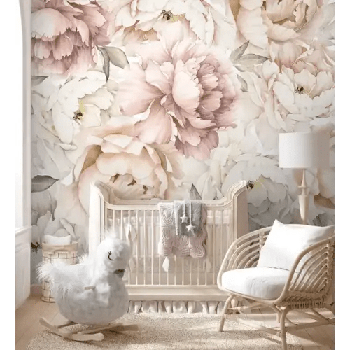 Nursery Pastel Peony Watercolor Floral For Girls Wallpaper Mural • Wallmur®