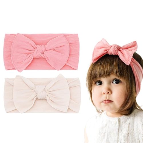 Baby Bling Bows - Newborn to Little Baby Girl Bows, 2 Pack Nylon Super Soft Stretchy Knot Toddler Headbands, Perfect Hair Accessories Head Bands for Infant Kids(Zinnia & Oatmeal)