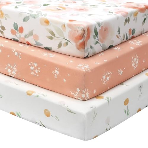 Baby Crib Sheets Girl, 3 Pack Toddler Bed Sheets for 52”x28” - Neutral Orange Watercolor Flower