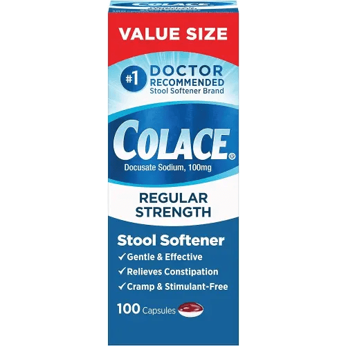 Colace Regular Strength Stool Softener 100 mg Capsules 100 Count Docusate Sodium Stimulant-Free for Gentle, Dependable Occasional Constipation Relief