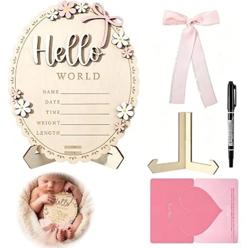 Baby Announcement Sign for Welcome Baby Hello World Newborn Sign with Pink Bow,Marker and Stand，Birth Announcement Signs for Newborn Photoshoot，Baby Girl Nursery Photo Prop Baby Name Sign(Light Pink)
