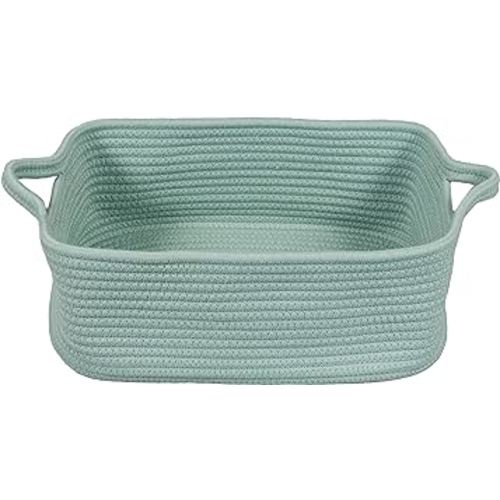XUANGUO Woven Cotton Rope Storage Basket with Handles for Organizing Shelves Closet Small Cat Dog Pet Toy Basket Box Bin Decorative Rectangle Baby Nursery basket Gift basket Empty (light green)