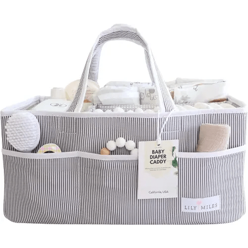 Lily Miles Baby Diaper Caddy Organizer - Baby Shower Basket for Newborn Boys or Girls - Nursery Must Haves for New Mom - Baby Registry Favorites - Large Storage Tote for Changing Table or Car, Gray