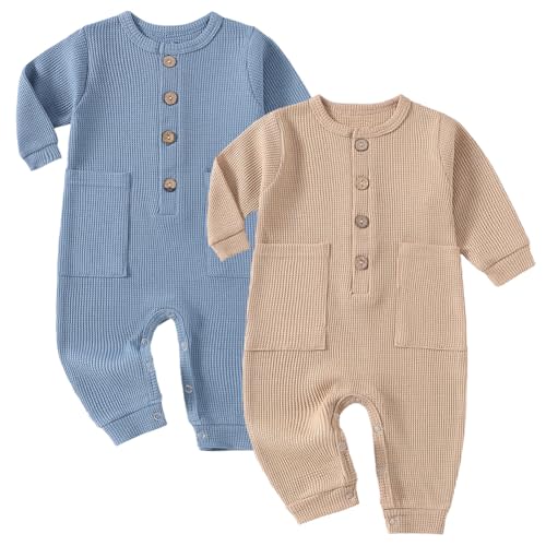 Yookoom Baby Boys Girls 2 Pack Solid Romper Ribbed Long Sleeve One-Piece Knit Cotton Jumpsuit Outfits Clothes