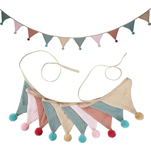 Fabric Bunting Banner, 2 Pack Handmade Neutral String Banner with Felt Ball Each 8.5 ft 10 Flags Nursery Wall Hanging Wedding Birthday Home Baby Shower Party Decoration Bunting (Light Candy 2 Pack)