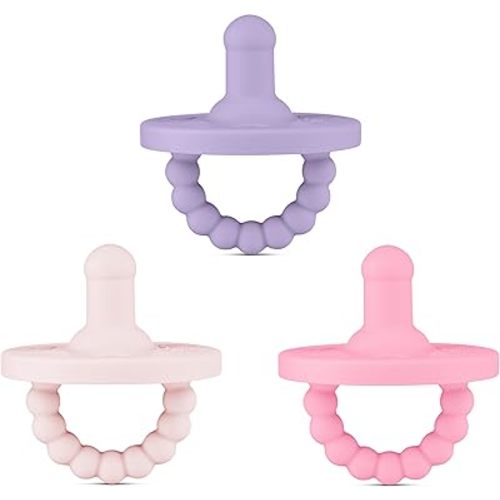 Ryan & Rose Cutie PAT All-in-One Pacifier and Teether Massaging Teething Ring and Hideaway Binky for Growing Babies (Bliss (3 Pack), Stage 1)