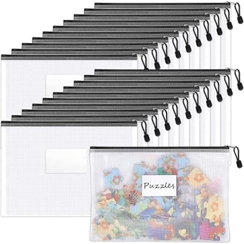 Sooez 20 Pack Mesh Zipper Pouch with Label Pocket, Plastic Zip File Folders, Letter Size A4 Zipper Document Bag for School Office Supplies, Black