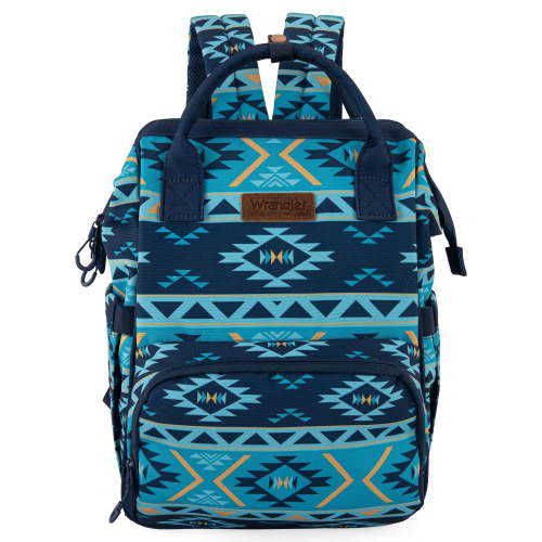 Wrangler Aztec Travel Backpack Baby Bag for Women with Stroller Strap and Side Bottle Pockets Organized Diaper Bag, Navy