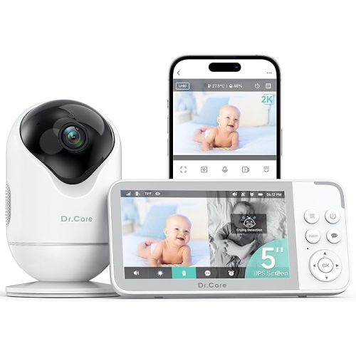 Dr.Care VistaView Smart WiFi Baby Monitor with 2 Cameras- 5” 1080P Split Screen & 2K Camera App Control, Cry & Motion Alerts, Night Vision, 2-Way Talk, Triple Security, 1279ft Range