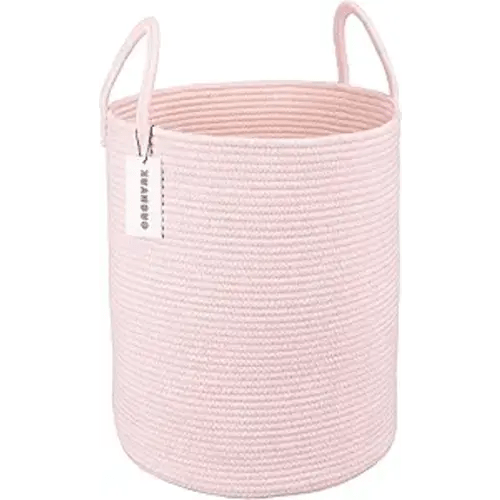 Cotton Rope Laundry Basket Hamper for Girls Kids Baby Nursery Hamper Bin Woven Storage Basket for Living Room Girls room Boho Tall Rope Baskets for Blanket Toys Large light pink
