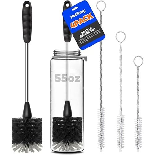 Holikme Bottle Brush Cleaner Set, 14" Long Handle Stainless Steel Bottle Cleaner Brush, 3 Straw Cleaner Brush, Bottle Cleaning Brush for Water Bottle, Cups, Baby Bottle, Straws Black
