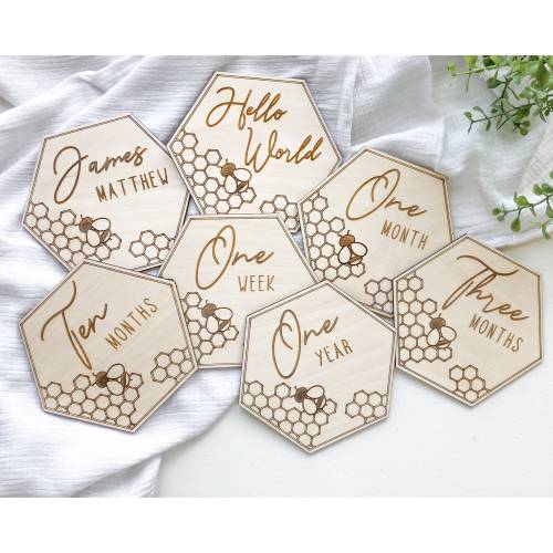 Honey Comb & Bee Monthly Milestones Markers | Baby Shower | Newborn Birth Announcement | Laser Engraved Wood Photo Prop | Baby Gift