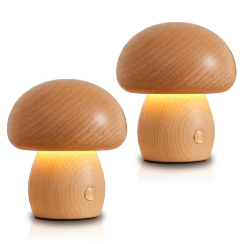 LONRISWAY 2 Pack Wooden Mushroom Lamp, Portable Cordless Small Rechargeable Battery Operated Lamp,Stepless Dimming, Night Light for Birthday Gifts