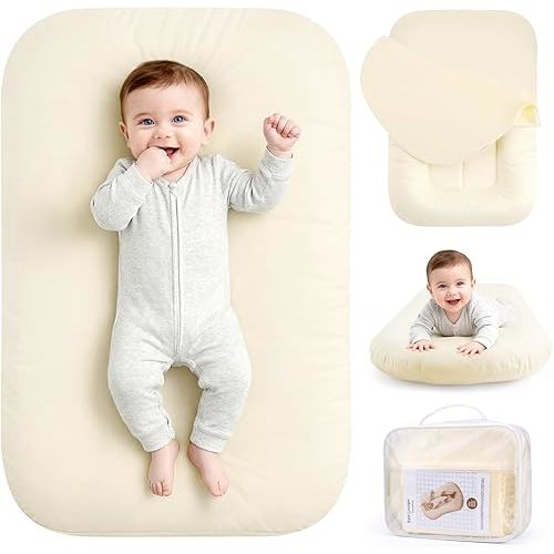 Infant Support Cushion, Baby Lounger 0-24 Months – Portable Tummy Time Mat & Rest Pod, Soft Cotton, Waterproof, Machine Washable, Safe for Supervised Play, Back Support (Beige)