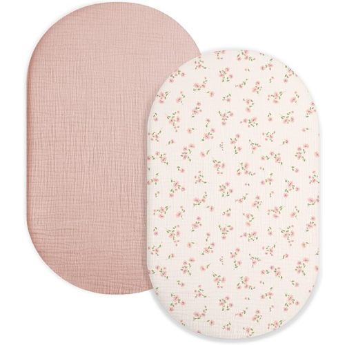 Bassinet Sheet for Baby Boy and Girl 2 Pack, Fitted Sheets for Rectangle, Oval, Hourglass Bassinet Mattress, Muslin Moses Basket Sheets with Neutral Style (Rosy)