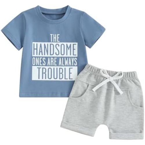 Toddler Baby Boy Summer Outfit Letter Print Short Sleeve T Shirt Tops Elastic Stripe Shorts Cute Infant Clothes
