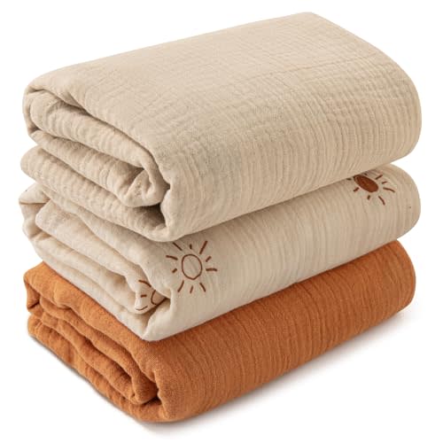 Muslin Swaddle Blankets for Newborn, 3 Pack Breathable Soft Receiving Blanket, Large 38 x 40 inches Swaddle Wrap Burping Clothes, Essentials Infant Shower Items, Toddler Gift (Elegant Colors)