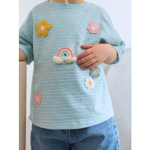Blue Crochet Rainbow Flowers Short Sleeve T-Shirt (3mths-7yrs)