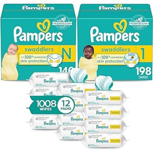 Pampers Swaddlers Disposable Baby Diapers, Newborn/Size 0, 140 Count and Swaddlers Disposable Baby Diapers, Size 1 (8-14 lbs), 198 Count