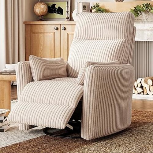 LINSY 360 Swivel Rocker Recliner - Corduroy Nursery Glider Rocking Chair with 2 Pillows, Comfy High Back Adult Recliner for Small Spaces, Nursery Bedroom Living Room Reclining Chairs (Beige)