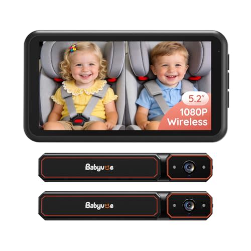 Babyvue BV6PRO Wireless Dual Car Camera Baby Monitor Fast Setup | No Wiring, HD1080P, 5.2" Display, Spilt-Screen for 2 Kids, Auto IR Night Vision, Mirror Image for Newborns Gift