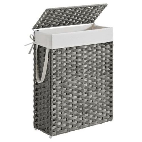 Songmics Slim Laundry Hamper With Lid, Rattan Clothes Laundry Basket With Lid And Handles, Foldable, Removable Liner, Dove Gray