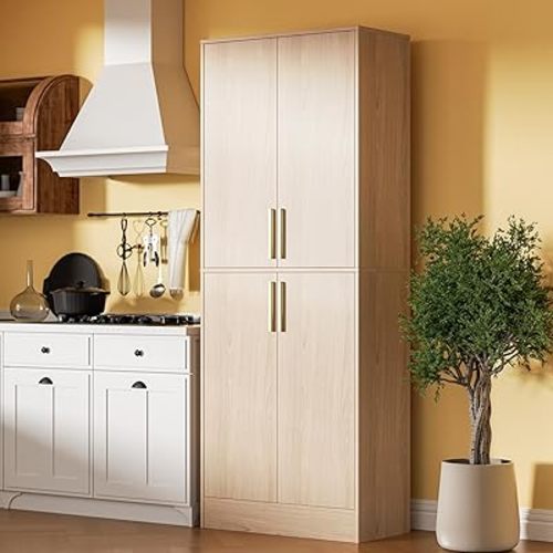 71" Tall Pantry Cabinet, 4 Doors Kitchen Pantry Storage Cabinet, Freestanding Larder Cupboard, Kitchen Hutch Cabinet, Utility Pantry with Gold Handles for Kitchen, Dining Room, Bathroom, Oak