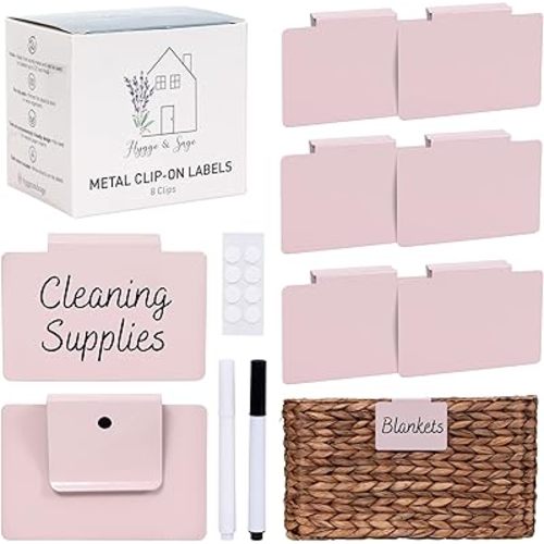 Hygge & Sage: Metal Non-Slip Basket Labels Clip On for Storage Bins, or Wire Racks | Includes 8 Labels, 8 Non-Slip Pads and 2 Free Markers (Pink)