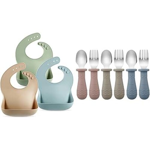 PandaEar Baby Bibs & Toddler Utensils (Blue/Brown/Red)