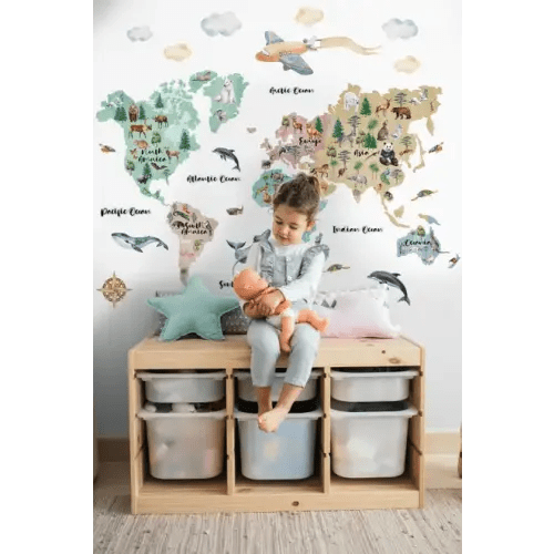 Kids Watercolor World Map Wall Decal Sticker • Wallmur®
