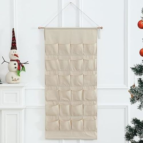 MONOBLANKS Fabric Christmas Advent Calendar with Pockets,Reusable Natural 24 Days Countdown Advent Calendar Hanging Storage Bag for Xmas Holiday Home Wall Decoration (Natural)