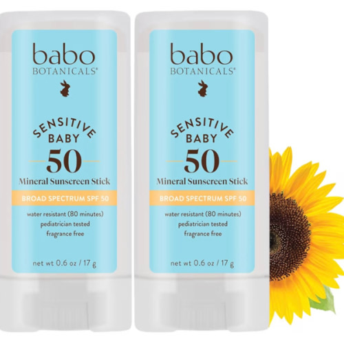 BABO Botanicals Sensitive Baby Mineral Sunscreen Stick SPF 50-70% Organic Ingredients - Zinc Oxide - NSF & Made Safe Certified - EWG Verified - Water Resistant - Fragrance-Free - for Babies & Kids