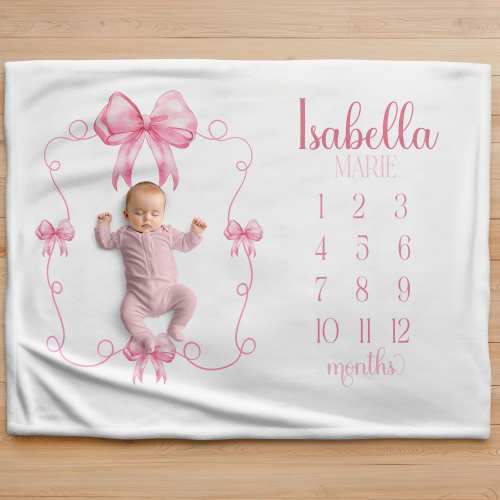 Personalized Girl Bow Milestone Blanket, Custom Girls Month Photo Blanket, Coquette Bows Monthly Growth, Baby Shower Gift, Baby Girl Blanket