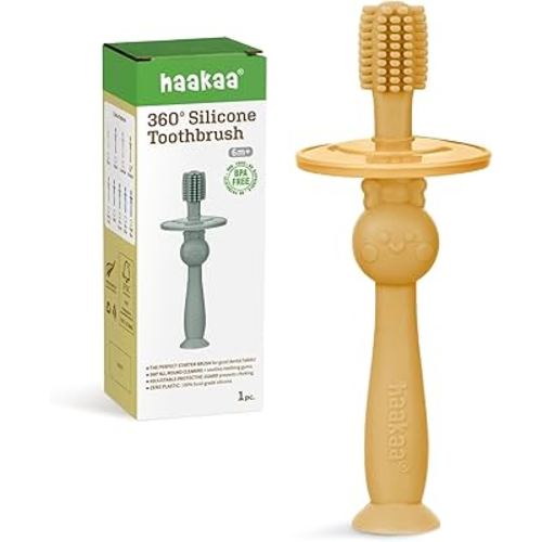 haakaa 360° Baby Toothbrush with Suction Base - Gentle Cleaning for Toddler's Self-Brushing Training, Food-Grade Silicone, Adjustable Safety Shield - Mustard (1 Piece)