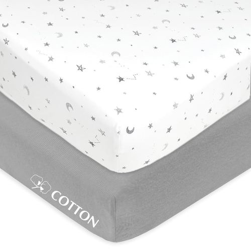 American Baby Company 2 Pack 100% Natural Cotton Fitted Crib Sheets 52" x 28" - Soft, Breathable, Hypoallergenic & Gentle Toddler Bed Sheets, Gray Stars and Gray, Neutral for Boys & Girls