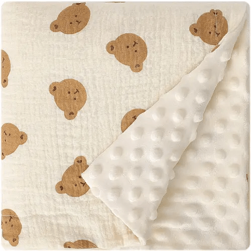 Fluffy-Backed Swaddle Blankets Baby Double Layer Muslin 100% Cotton Front Nursery Plush Dotted Fleece Back Receiving Bed Quilt Blanket for Unisex Newborn Baby Toddler Boys Girls 30 x 41 Inches