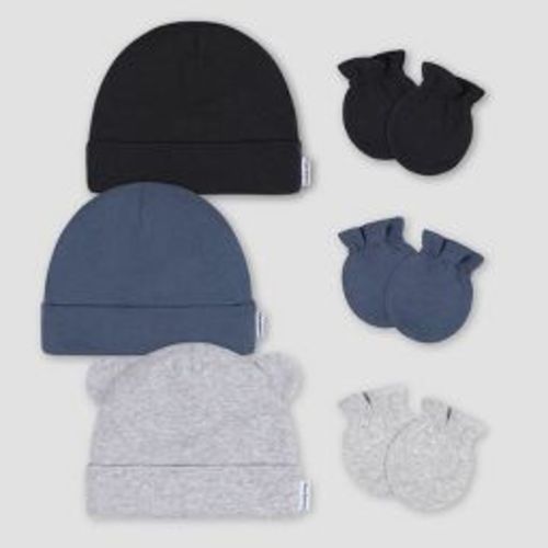 Gerber Baby 6pk Hat & Mitten Set - Gray: Cotton Knit, Elastic Cuffs, 0-12 Months