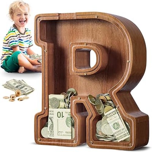 Summidate Large Wooden Piggy Bank for Kids Adults, Alphabets Letter A-Z Piggy Bank for Boys Girls, Coins Bills Change Bank Box Personalized Initial Name Kids Money Bank for Birthday Present and Decor