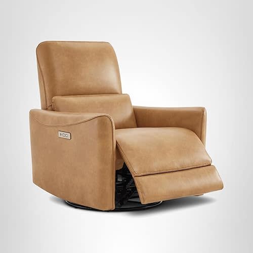 CHITA Power Recliner Chair Swivel Glider, FSC Certified Upholstered Faux Leather Living Room Nursery Reclining Sofa Chair with Lumbar Support, Cognac Brown
