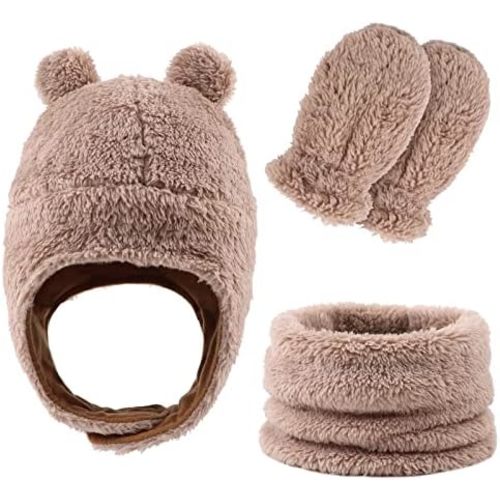 Fleece Baby Hat Scarf Mitten Set Winter Toddler Beanie Warm Mittens Infant Scarves Ears Earflap Hats for Baby Boys Girls
