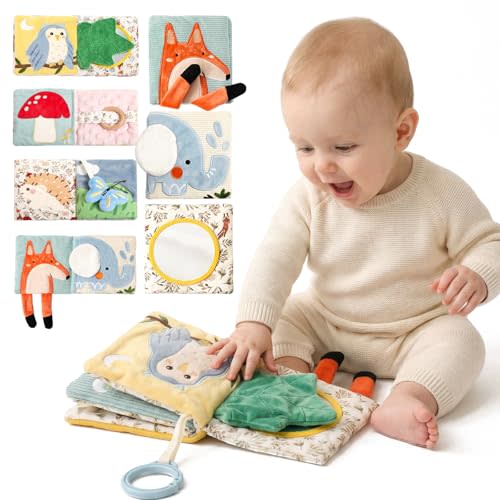 Montessori Soft Baby Book - Sensory Book for Babies 0-12 Months with Crinkle Paper, Touch & Feel Textures, Baby Safe Mirror & Teether. Educational Infant Toys for Tummy Time, Newborn