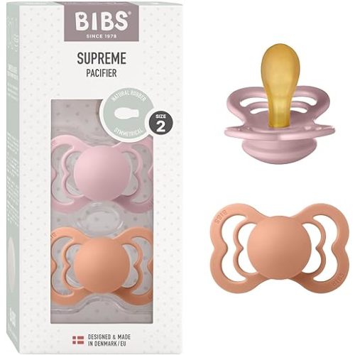 BIBS Pacifiers - Supreme Collection | BPA-Free Baby Pacifier | Made in Denmark | Set of 2 Pink Plum/Peach Color Premium Soothers | Size 6-18 Months