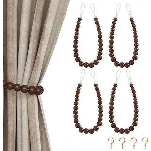 Hion 4 Pcs Boho Curtain Tiebacks,Wood Beads Curtain Holdbacks,Outdoor Farmhouse Tie Backs for Curtains,Curtain Holders for Drapes Home Office Room Decor with Hooks(Coffee)