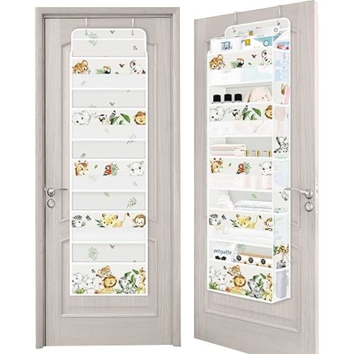 Clastyle Elephant Lion Kid Over The Door Organizer Storage Tropical Leaf 5 Shelves Closet Nursery Hanging Shelves Clothes Diaper Stuffed Animal Toy Storage for Newborn Baby Essential