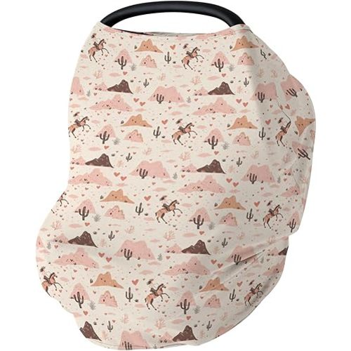 Pink Western Cowgirl Love Baby Car Seat Covers Retro Cowgirl Cactus Horse Stretchy 5-in-1 Cover Adjustable Infant Carseat Canopy Cover Wild Desert Country Breathable Nursing Cover-Up