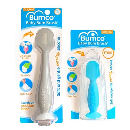 Baby Bum Brush, Original Diaper Rash Cream Applicator, Soft Flexible Silicone Brush, Unique Gift + Mini Diaper Rash Cream Applicator with Travel Case, (Gray + Blue)