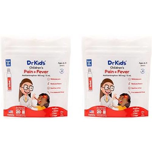 DrKids Children's Pain and Fever Acetaminophen, Pre-Measured Single-Use Vials, Free from, Travel Compliant, 3.4 Fl Oz, 20 Count (Pack of 2)