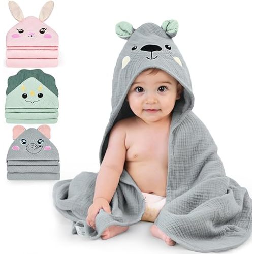 FIOBEE Hooded Baby Towels 100% Muslin Baby Bath Towels for Newborn with Animal Design Ultra-Soft and Absorbent Bath Essentials for Toddler, Unisex Girls Boys 30 x 30 inch, Gray Bear