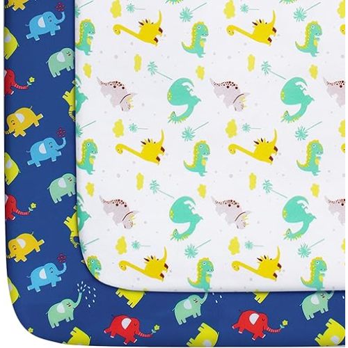 Pack and Play Sheets Boys Animals, Compatible with Graco Pack and Play, Soft and Breathable Material, Dinosaur & Elephant